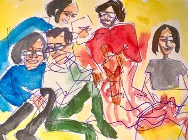 family in kashmir study in watercolor and ink, 2024, by maansi jain